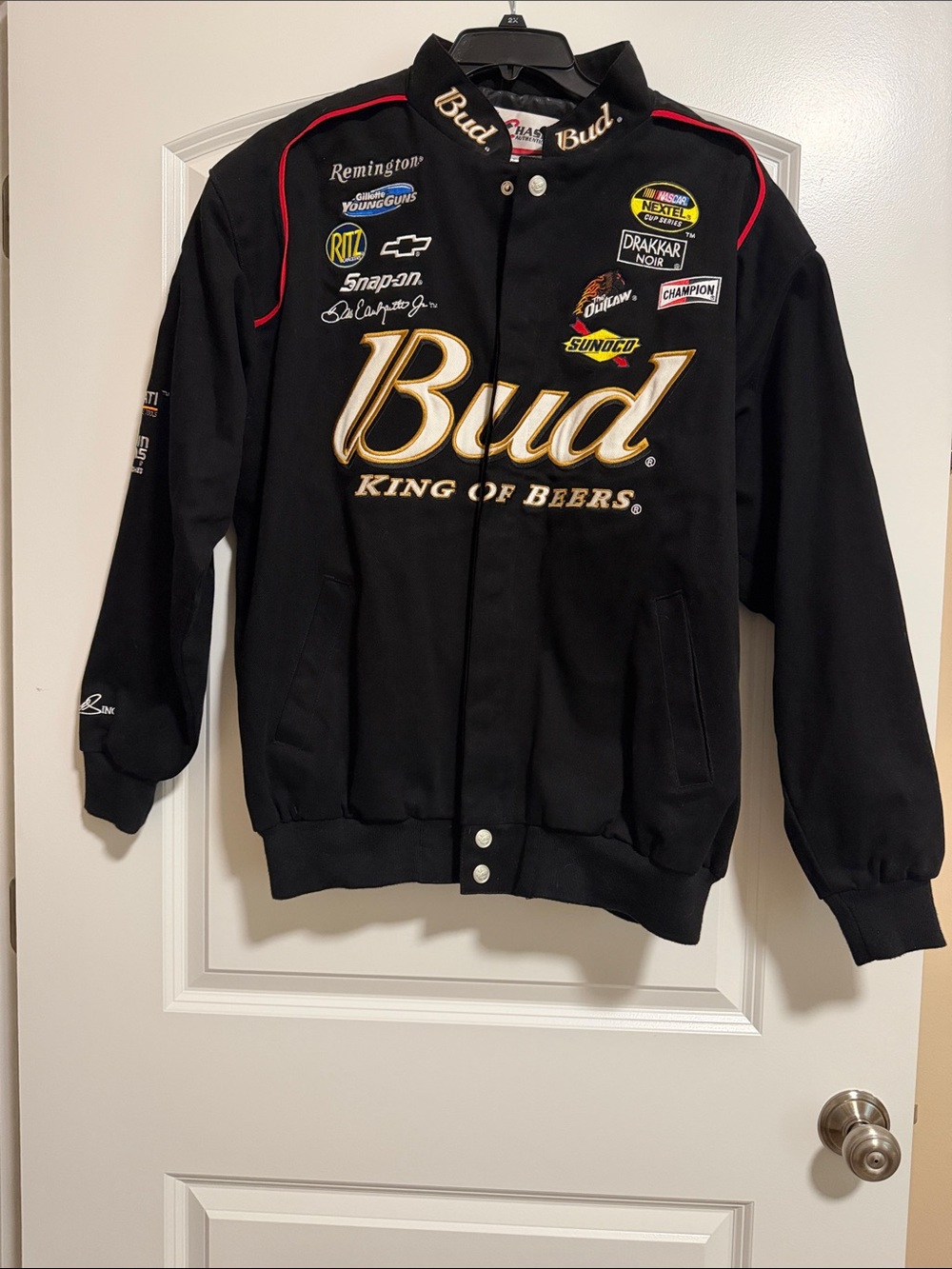 Chase Authentics Black Bud King of Beers Racing Jacket with Gold and Red Accents